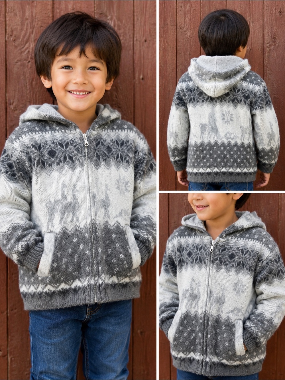 Tejidos Aly Marka Kids Wool Zip Jacket Sweater Hoodie Alpaca Print Gray Size 6